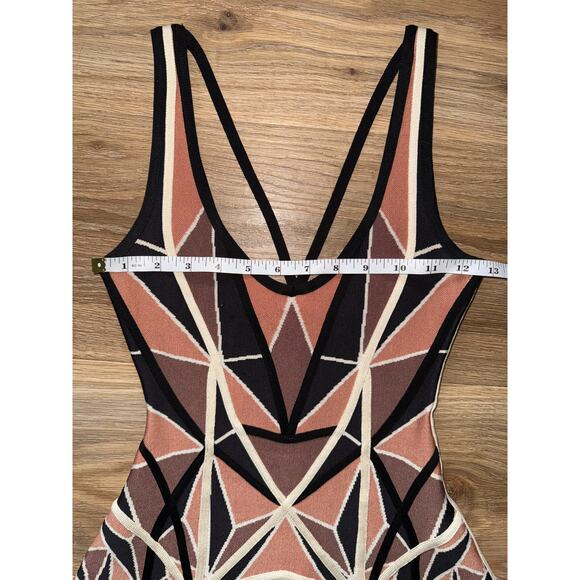 Herve Leger Brown Geometric Patchwork Jacquard Knit Hazel Mini Dress -size XXS - Picture 5 of 12
